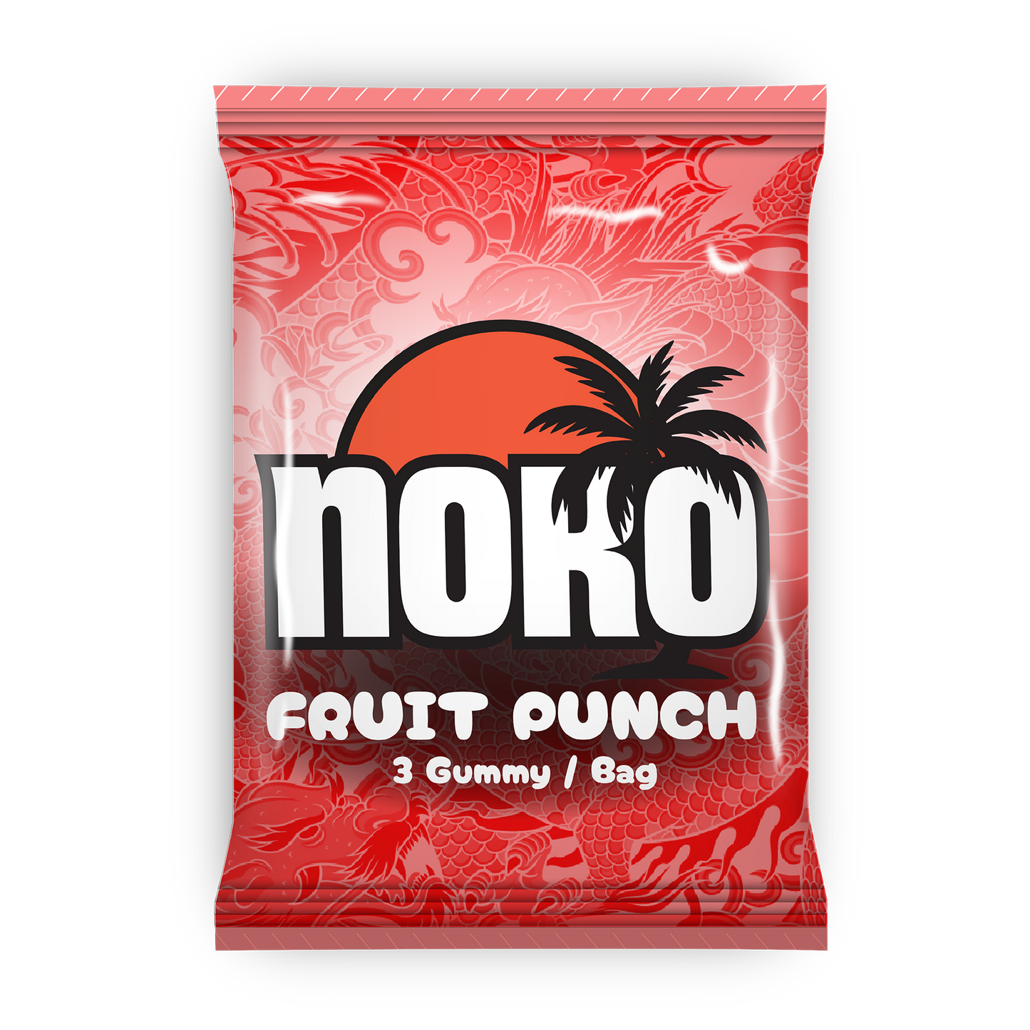 Red gummy candy package with 'moko' branding on a white background