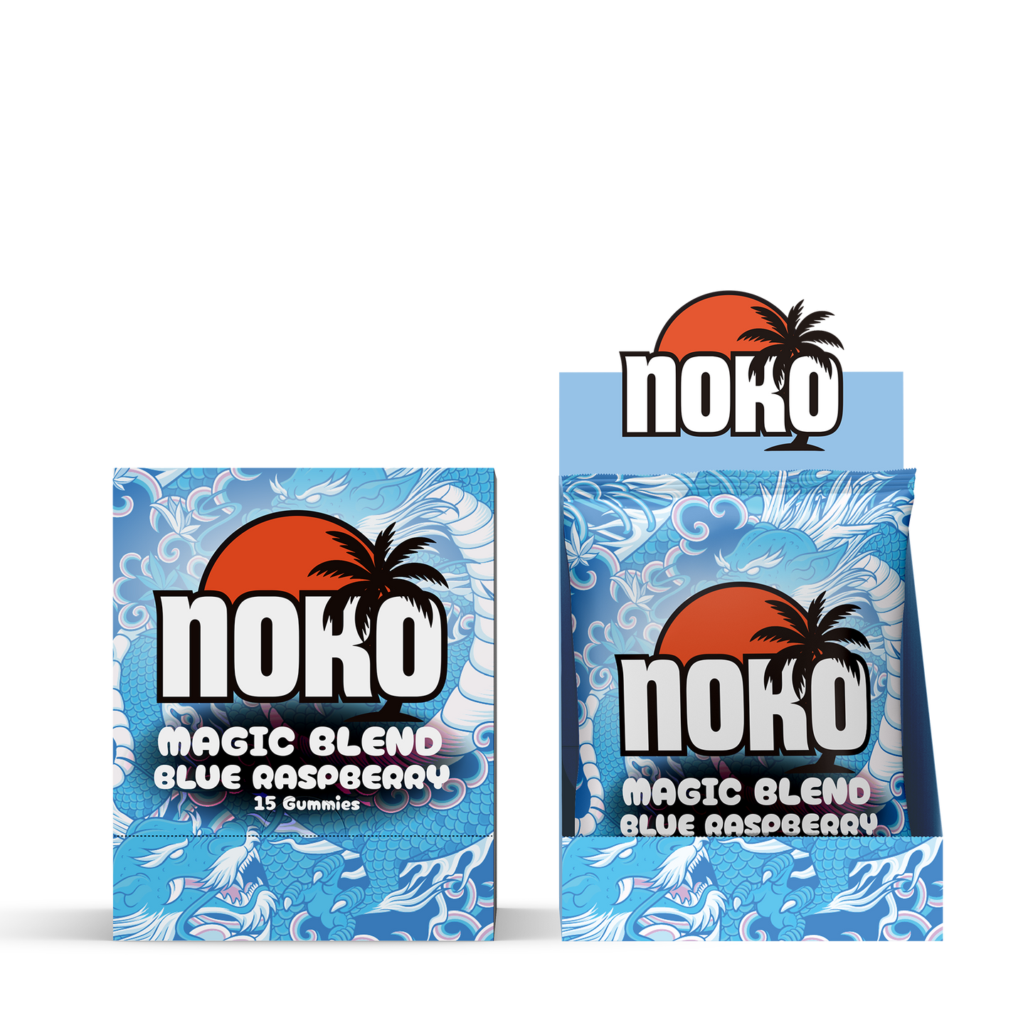 Two packages of Noko Magic Blend Blue Raspberry gummies on a white background