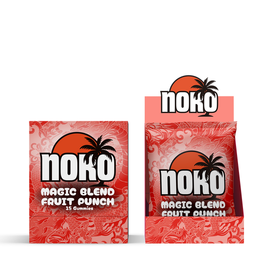 Two red packages of Noko Magic Blend Fruit Punch gummies on a white background