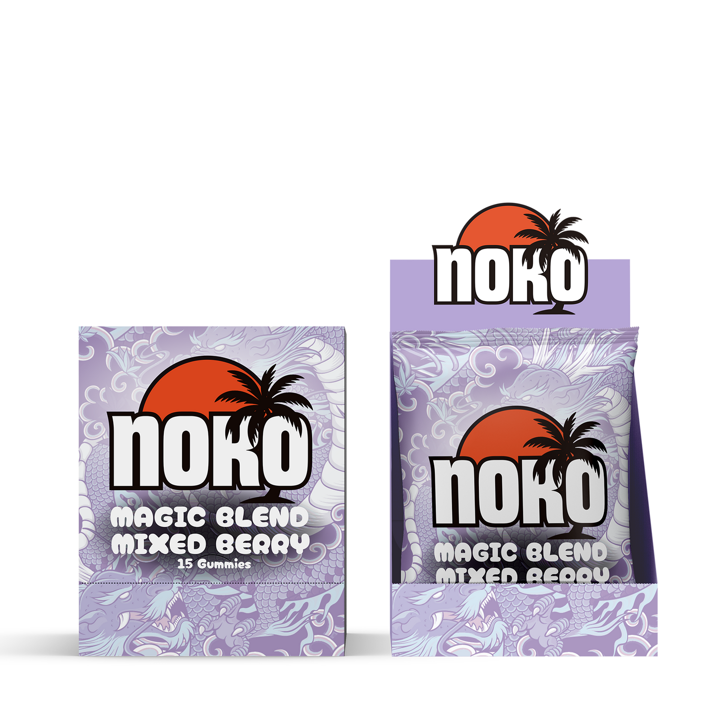 Two Noko Magic Blend Mixed Berry gummy packages on a white background