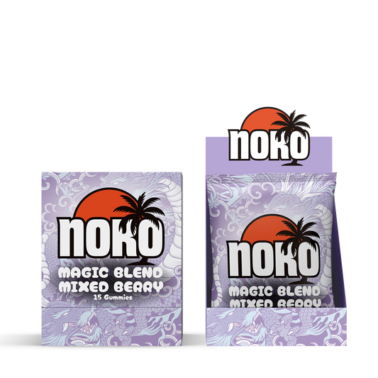 Two Noko Magic Blend Mixed Berry gummy packages on a white background