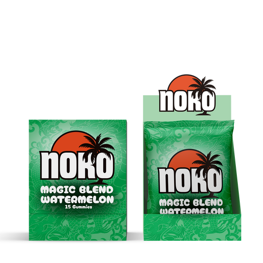 Two green packages of Noko Magic Blend Watermelon gummies on a white background