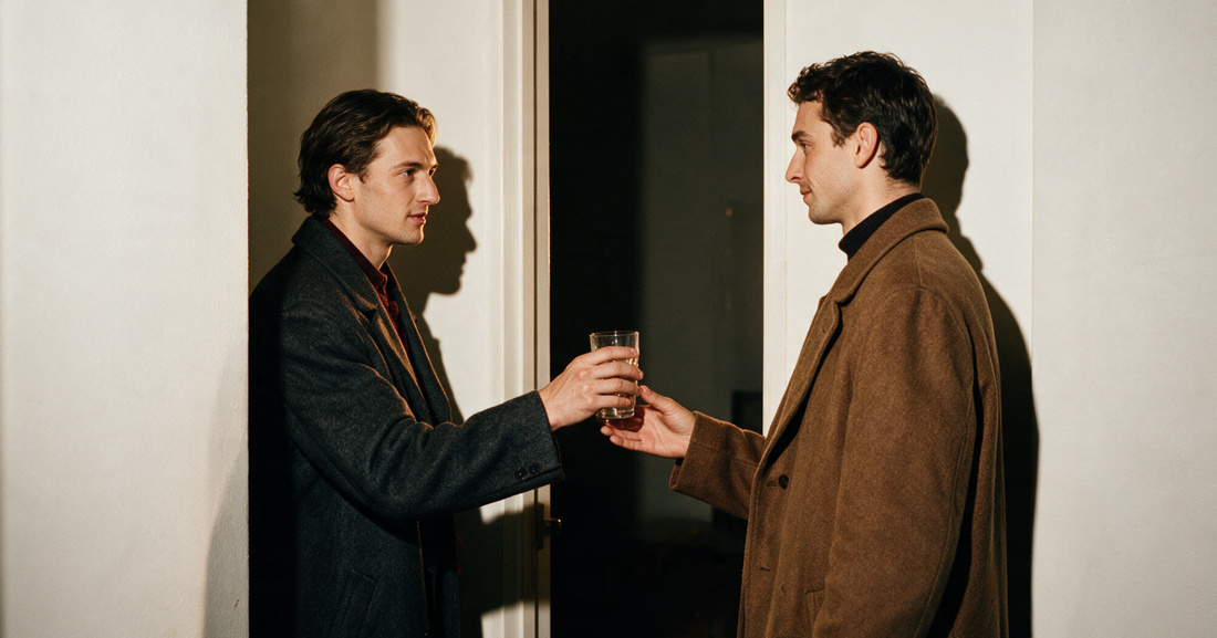 A host handing a guest a drink in the doorway as they arrive, both still in coats