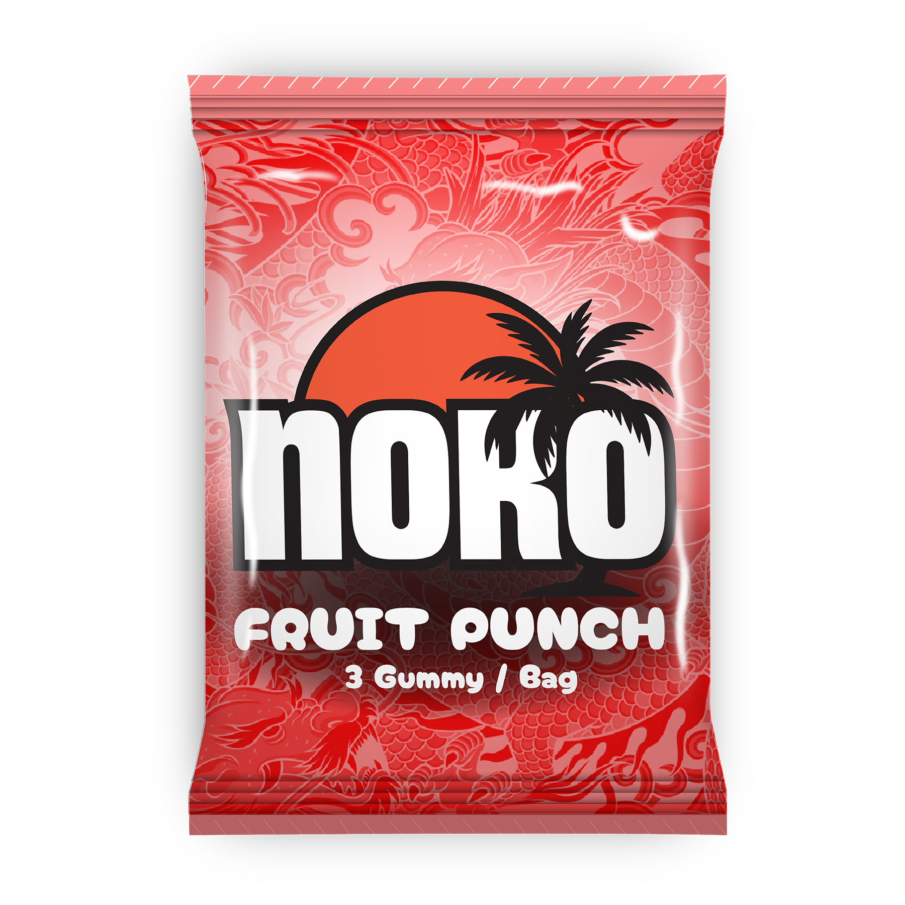 Red gummy candy package with 'moko' branding on a white background