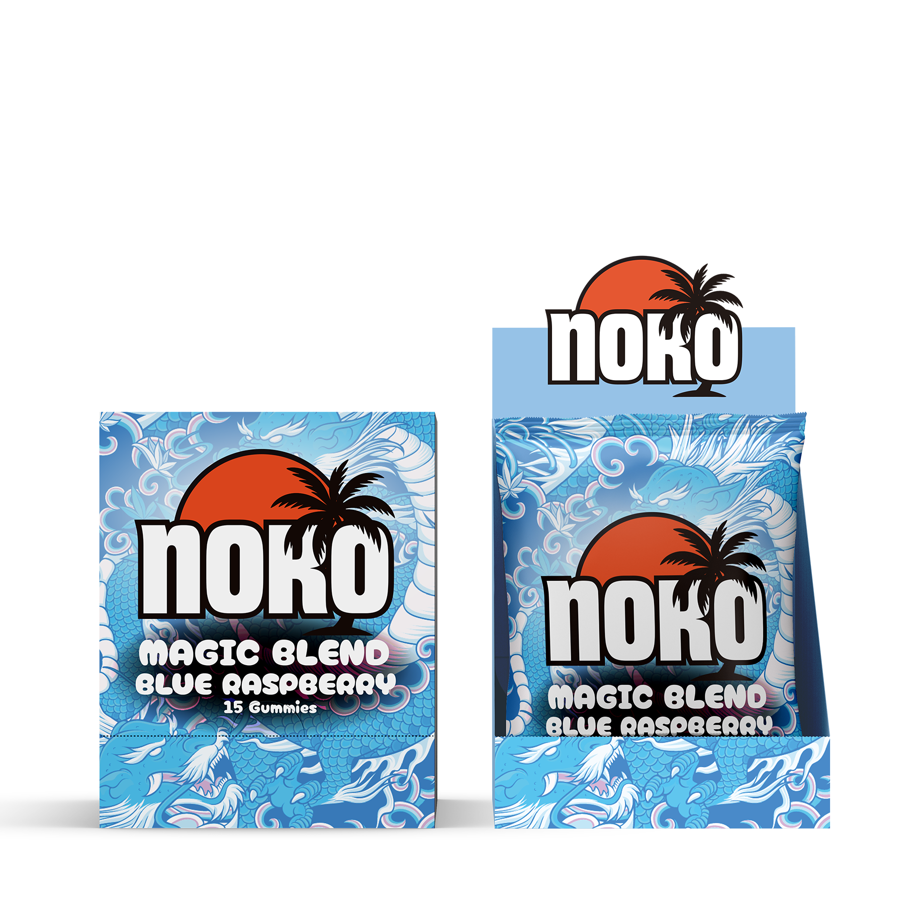 Two packages of Noko Magic Blend Blue Raspberry gummies on a white background