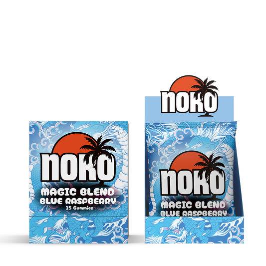 Two packages of Noko Magic Blend Blue Raspberry gummies on a white background