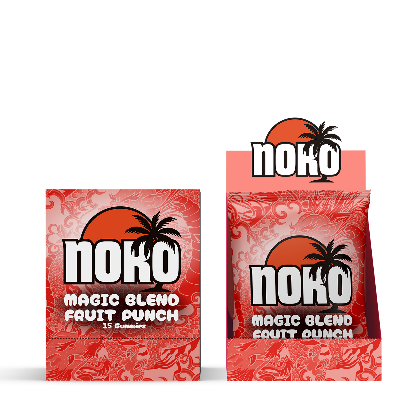Two red packages of Noko Magic Blend Fruit Punch gummies on a white background