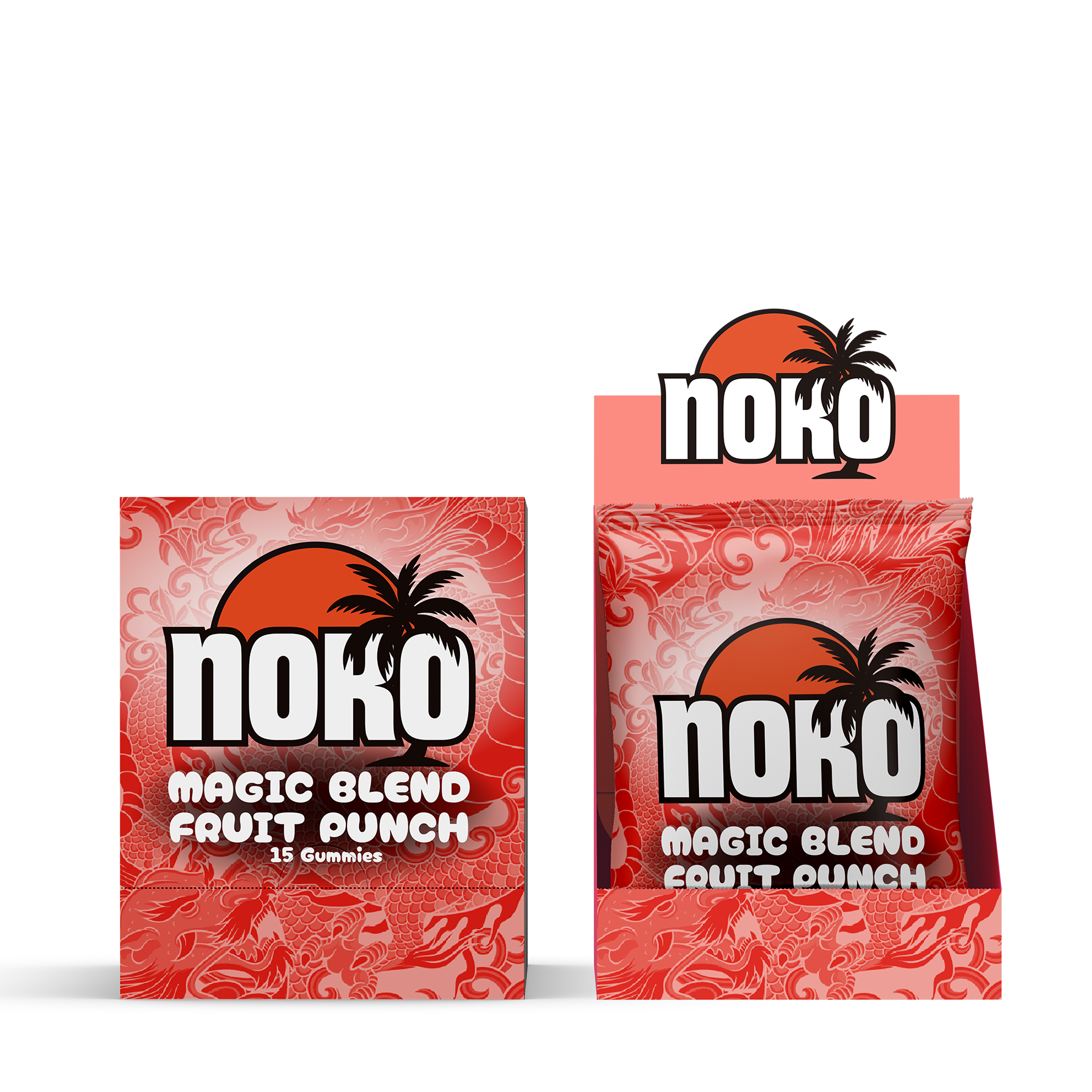 Two red packages of Noko Magic Blend Fruit Punch gummies on a white background