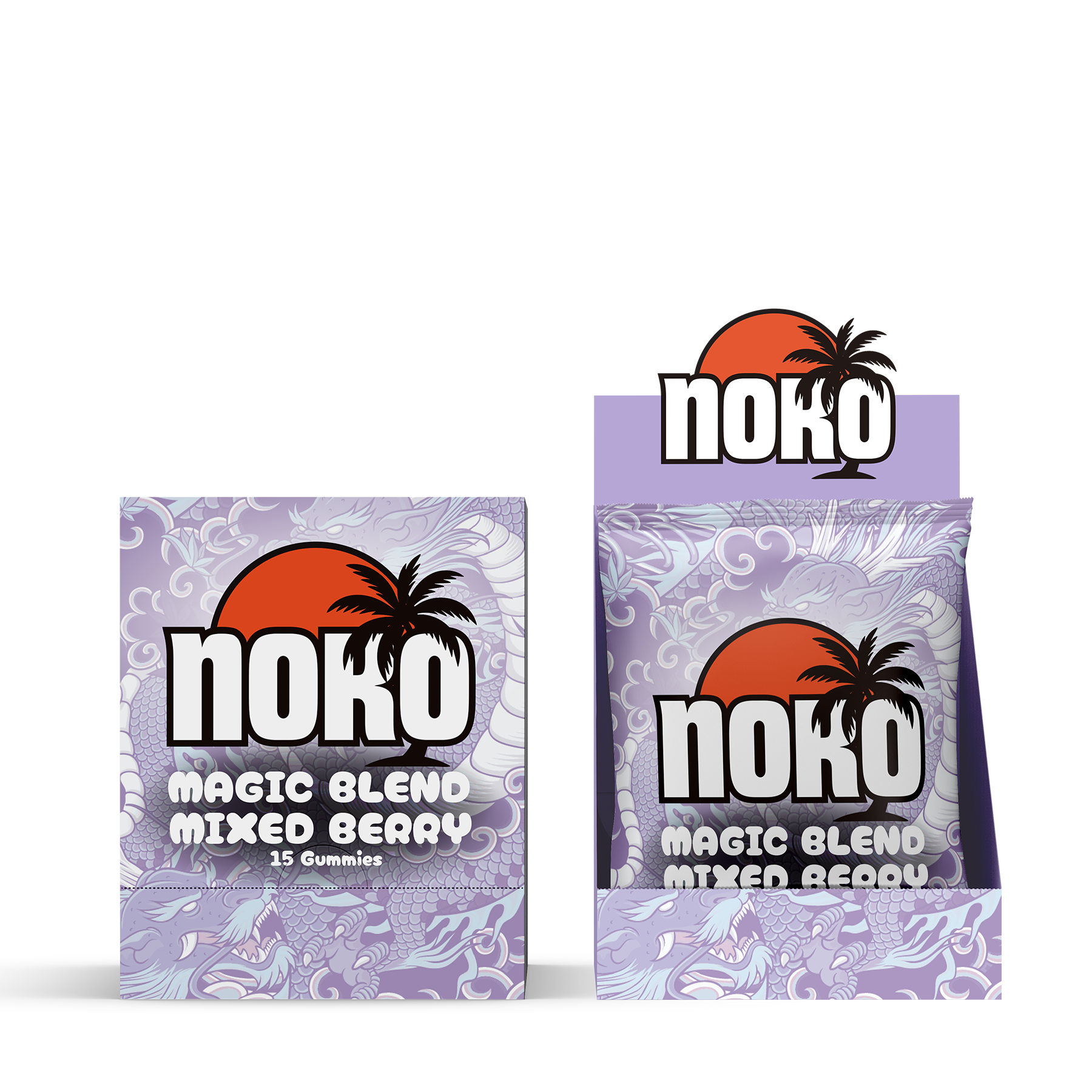 Two Noko Magic Blend Mixed Berry gummy packages on a white background