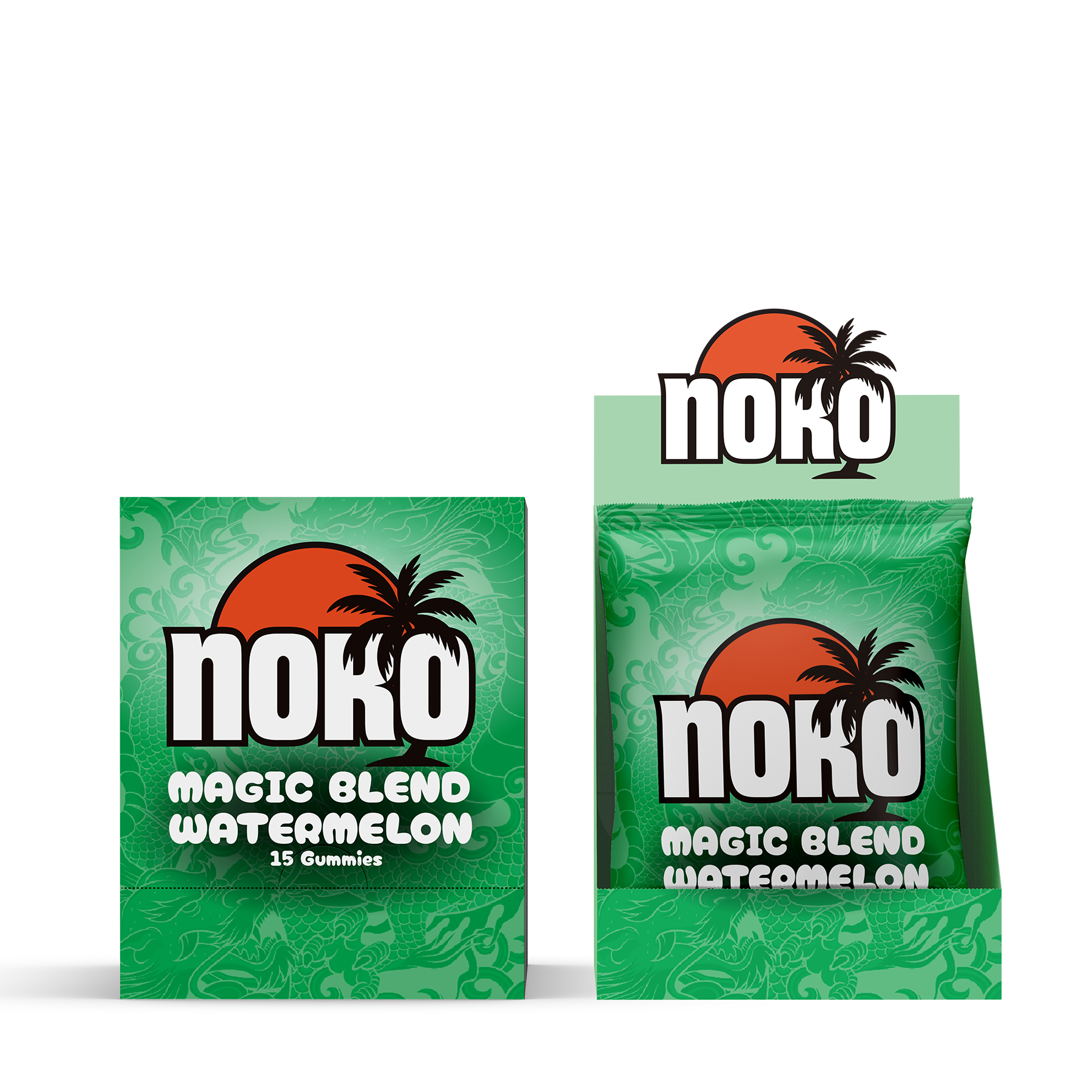 Two green packages of Noko Magic Blend Watermelon gummies on a white background