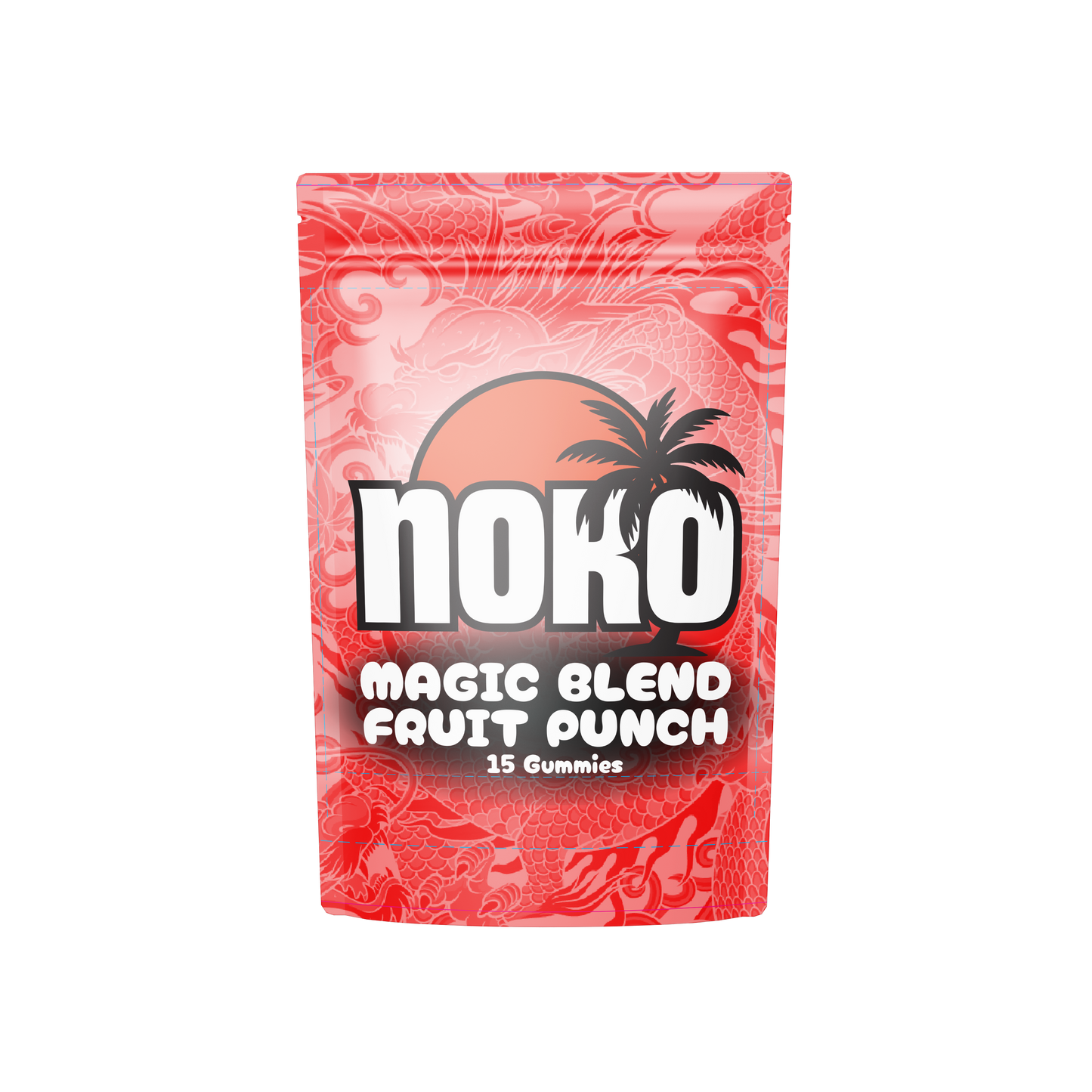 Red gummy package with 'Noko' branding on a white background