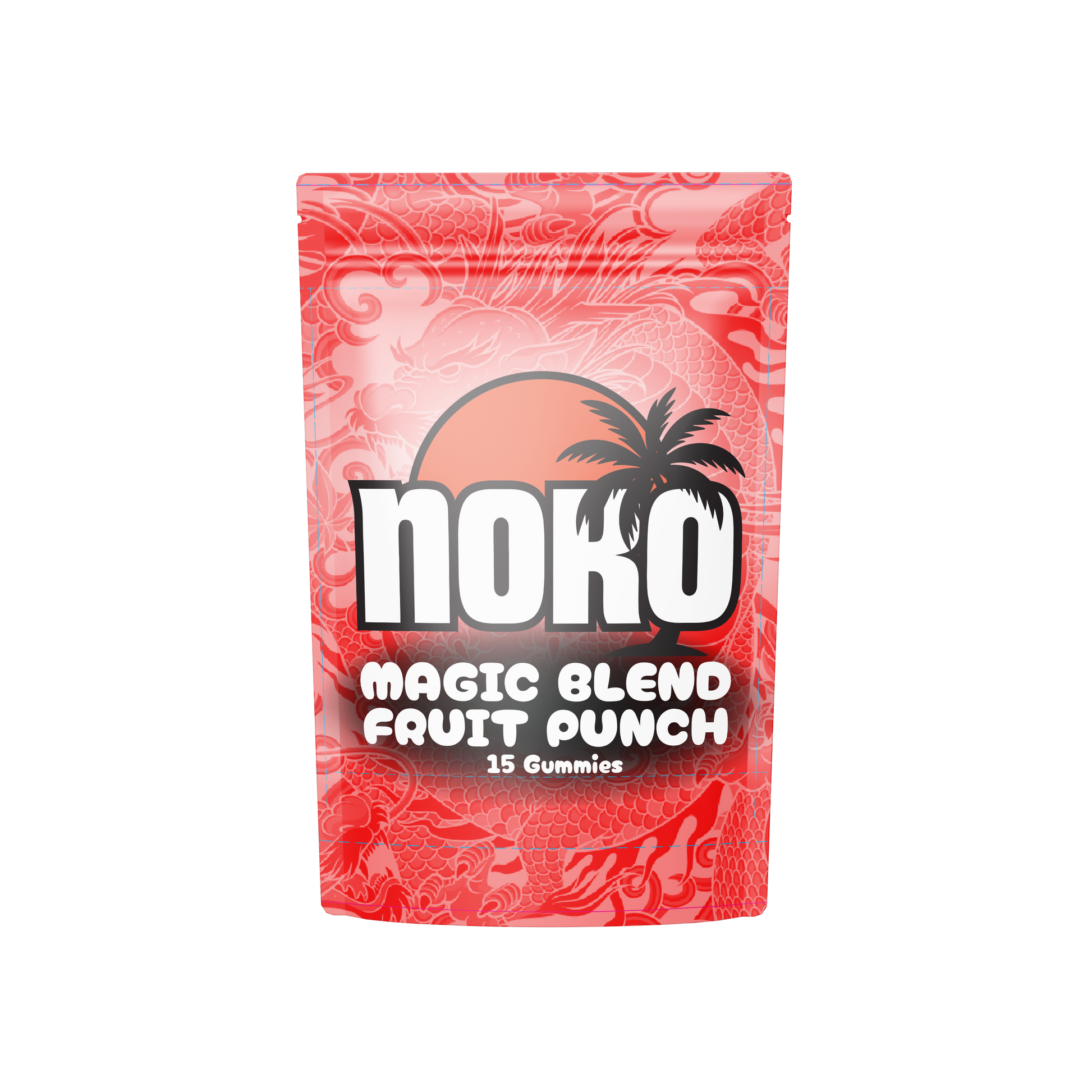 Red gummy package with 'Noko' branding on a white background
