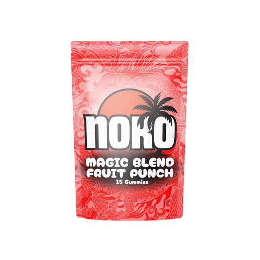 Red gummy package with 'Noko' branding on a white background