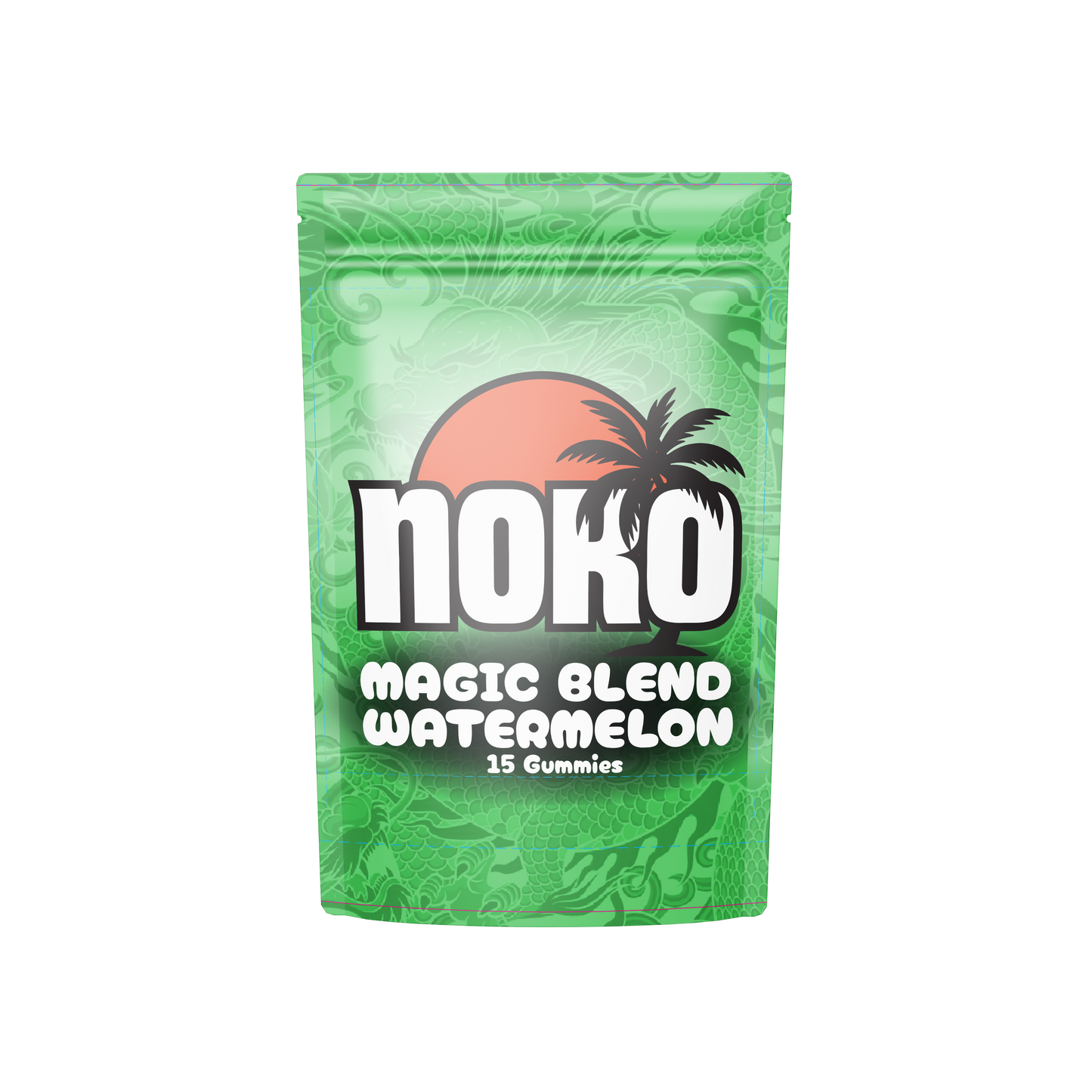 Green package of Noko Magic Blend Watermelon gummies on a white background