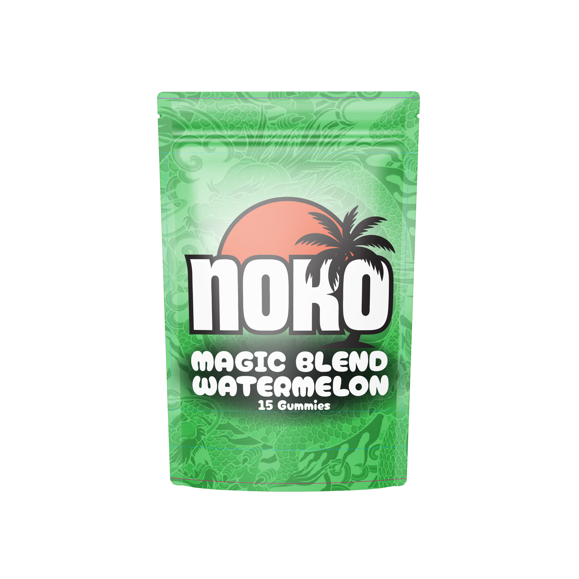 Green package of Noko Magic Blend Watermelon gummies on a white background