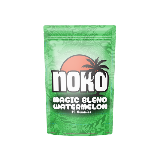 Green package of Noko Magic Blend Watermelon gummies on a white background