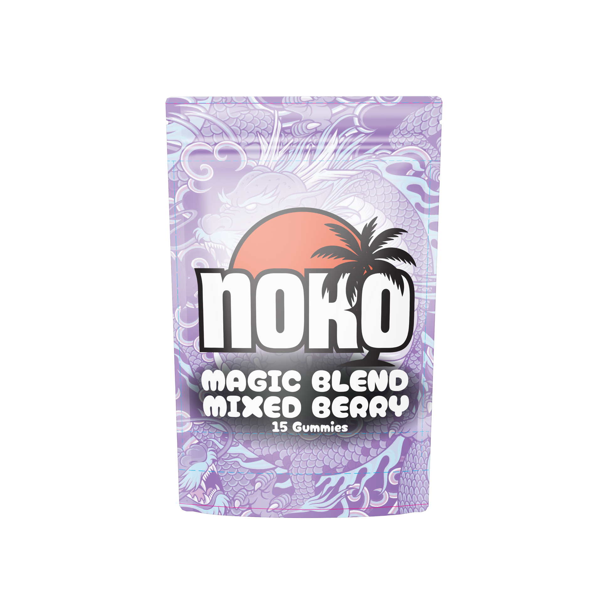 Purple packaging of Noko Magic Blend Mixed Berry gummies on a white background