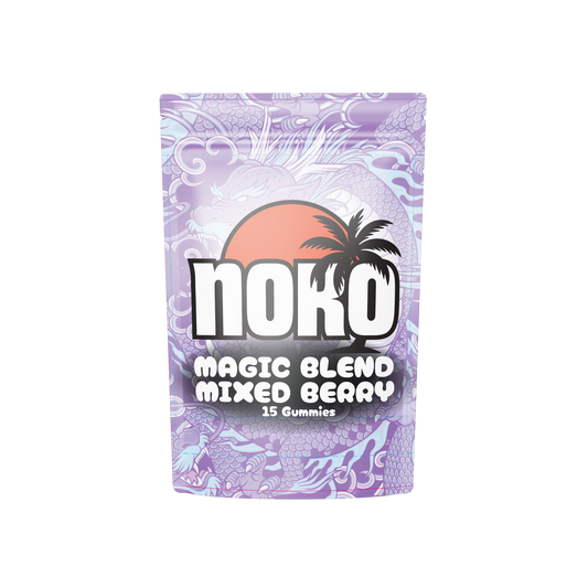 Purple packaging of Noko Magic Blend Mixed Berry gummies on a white background